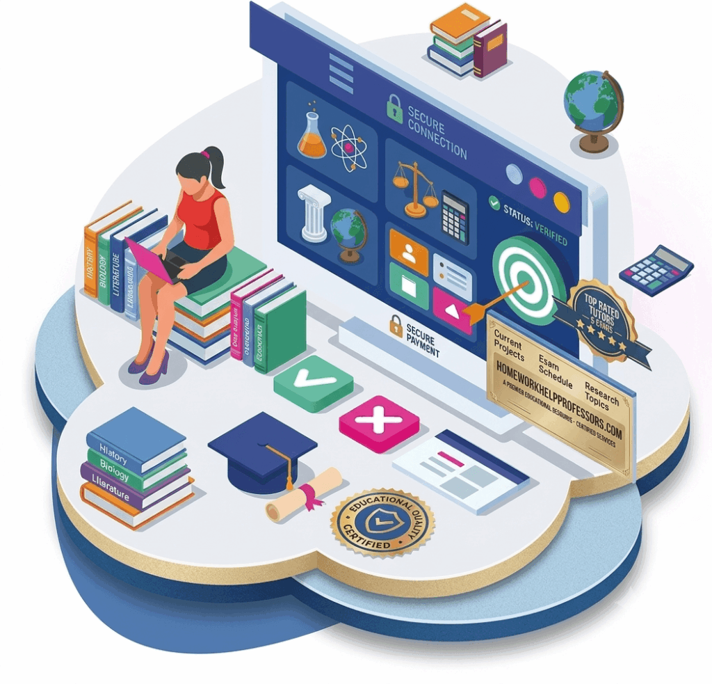 An isometric illustration of the Homeworkhelpprofessors.com platform interface, showing a student using a laptop alongside secure payment badges, verified top-rated tutor certifications, and multi-subject academic support.